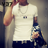 V37夏季男士短袖t恤圆领韩版修身打底衫青年印花体恤紧身潮男衣服