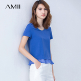 Amii女装旗舰店 2016夏装新款艾米白色圆领开衩拼接大码短袖T恤女