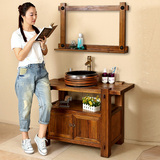古古拉风古典榆木实木卫生间洗脸柜 现代中式仿古浴室柜组合