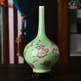 景德镇陶瓷花瓶纯手工豆青釉牡丹花瓶现代家居装饰品客厅摆件瓷器
