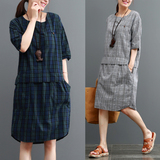 素品 2016夏季新款文艺复古日系两色短袖格子连衣裙中长款拼接裙