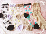 日本原单 夏季花朵水果玻璃袜立体针织提花卡丝袜水晶袜棉袜短袜