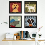 四幅包邮宠物狗美式创意小装饰画玄关书房卧室正方形挂画组合画框