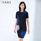 Amii[极简主义]2016春波点撞色两件套大码针织包臀裙短袖套装裙女