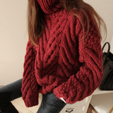韩国东大门代购冬季新款加厚纯手工洋气红色高领时尚针织套头毛衣