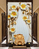 背景墙纸壁画竖版欧式浮雕花朵花瓶3D立体走廊过道玄关无缝整张