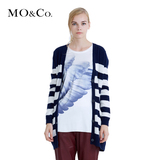 MO&Co.春秋女装中长款针织条纹开衫 个性V领英伦街头显瘦外套moco
