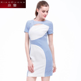 小虫2016夏装新款欧美时尚蓝白撞色拼接包臀连衣裙女收腰显瘦