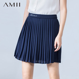 Amii2016夏新款女百搭中裙女短款纯色字母印花雪纺细百褶半身裙女