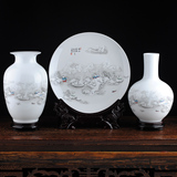 景德镇陶瓷器雪景三件套白花瓶挂盘子简约现代家居装饰品客厅摆件