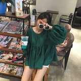 2016夏季新款韩版宽松显瘦圆领九分袖单件纯色绿色娃娃衫女衬衫潮