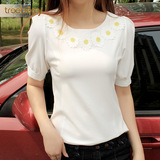雪纺衫女2016夏 短袖韩版新款套头圆领白色太阳花短袖T恤衫女