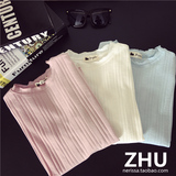 ZHU韩国全棉短袖T恤竖螺纹小圆领修身紧身弹力粉色白色打底T恤女