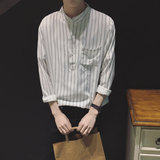 春季男士长袖衬衫韩版男装竖条纹立领衬衣青年日系套头修身衬衫男