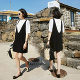 韩国SZ代购夏新款黑白拼接假两件套装圆领短袖裙雪纺背带连衣裙女