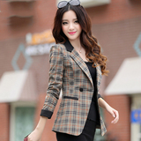 格子短款风衣外套女长袖2015秋装新款韩版休闲修身女士小西装西服
