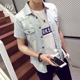 夏季牛仔衬衫男短袖加肥加大码学生韩版修身潮流寸衫半袖衬衣外套