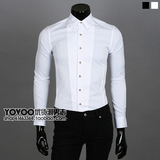 2015新款韩版男士白色长袖衬衫新郎结婚修身衬衣礼服休闲扣领衬衫