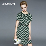 ZIMMUR2016夏装新款圆领短袖OL通勤气质修身A字裙条纹印花连衣裙
