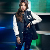 2015秋冬韩版女装字母LA经典刺绣加棉棒球服pu皮长袖中长款外套潮