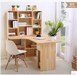 定制 纯天然实木转角台式电脑桌写字书桌书架组合电脑桌带书柜