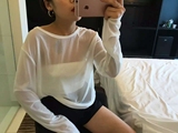 韩版 夏季新款纯色雪纺衫女宽松短款上衣透视罩衫长袖套头防晒衣