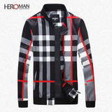 hero man男士格子夹克2016秋季新款立领修身加大码薄外套外贸原单