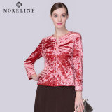 沐兰MORELINE春季新品圆领修身红棕色灯芯绒短款针织外套女长袖