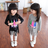 童装女童2016春装新款韩版卡通儿童宝宝长袖流苏T恤衫上衣卫衣裙