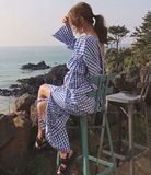 韩国  小众 个性镂空打结露背超宽松格纹连衣裙长裙