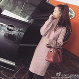 2015冬季新款韩版小高领女长袖宽松纯色的藕粉色厚实毛衣套装