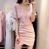 韩国2016新款夏装小香风短袖V领包臀蝙蝠袖礼服裙性感针织连衣裙