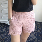 粉色睫毛蕾丝休闲短裤女外穿夏装新款韩版修身显瘦热裤松紧腰女裤