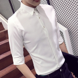 夏季韩版修身男士中袖衬衣英伦商务纯色衬衫发型师潮男七分袖衬衫