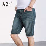 A21男装修身薄款牛仔中裤 2016夏季潮男时尚个性短裤男士小脚裤子