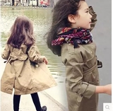 韩国童装女童风衣中大童儿童双排扣韩版中长款外套英伦风收腰外套