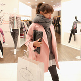 韩版秋冬新款毛呢外套韩国正品女士羊绒西服直筒式中长款粉色大衣