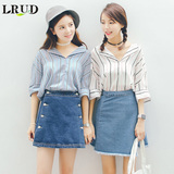 LRUD2016夏季新款韩版V领条纹BF风衬衫女睡衣风宽松休闲中袖衬衣