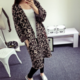2015韩版新款秋装女装宽松大码针织衫中长款毛衣外套豹纹上衣开衫