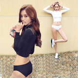 韩式泳衣女黑白色长袖分体三角游泳衣保守学生运动款露脐温泉泳装