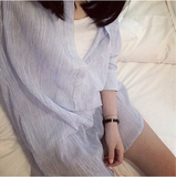 韩国订单 oversized 细竖条纹大V领宽松显瘦棉麻中长款衬衫衬衣女