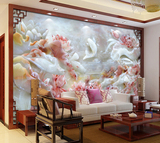 中式3D立体玄关荷花鱼玉雕浮雕大型壁画壁纸客厅沙发电视背景墙