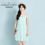 花园派对 夏新款女装修身韩版雪纺蕾丝无袖连衣裙女打底背心裙女