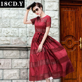 18cdy 欧洲站2016夏装新款镂空蕾丝刺绣气质修身红色连衣裙女长裙