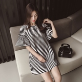 春夏装新款2016韩版修身 黑白条纹连衣裙女圆领套头短裙名媛风