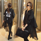 2015韩国新款韩版宽松显瘦衬衣裙摆型九分袖长款黑色女式衬衫女