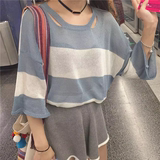 2016包邮夏季新款韩版七分袖薄款针织衫镂空破洞领口喇叭袖T恤女