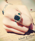 【欧世星】韩国定制包邮祖母绿大宝石戒指时尚百搭明星同款公主方
