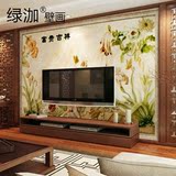 绿泇 3D玉雕山水花鸟风格墙纸壁画现代中式客厅沙发电视背景墙壁