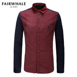 马克华菲长袖衬衫 2015冬季新品异色拼接灯芯绒修身男式长袖衬衫